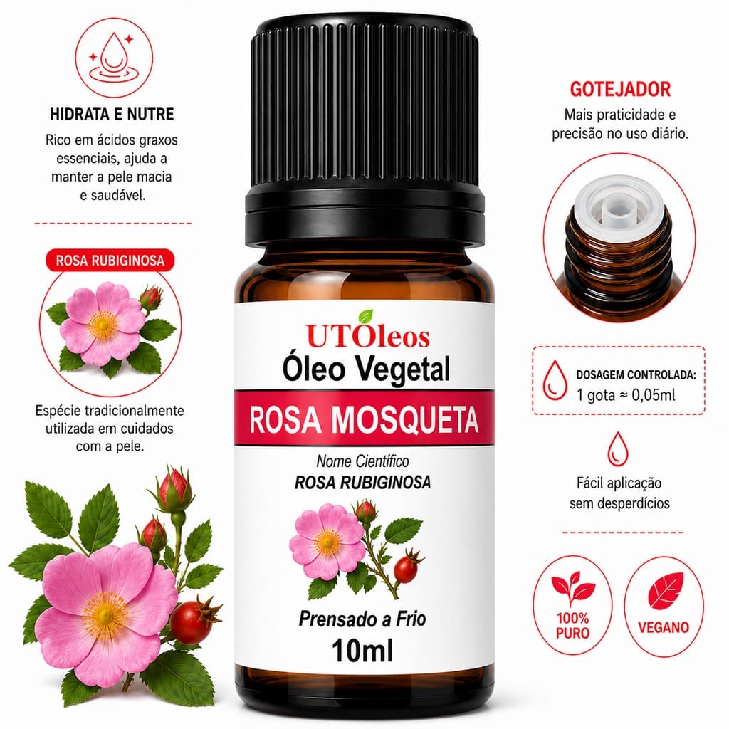 Óleo Vegetal Rosa Mosqueta 10ml Puro Prensado a Frio Pele Cabelos Uso Diário Natural
