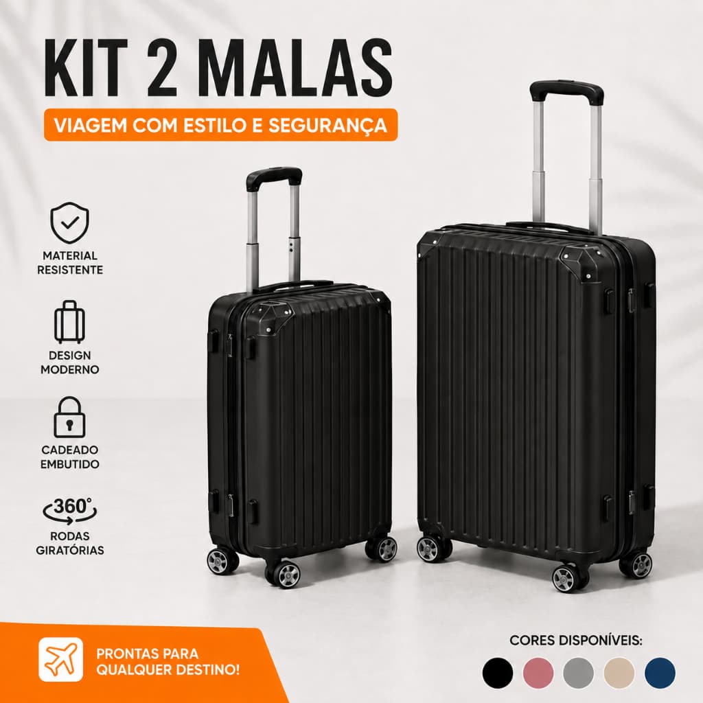 Kit Conjunto 2 Malas De Viagem Bordo + Despacho Rodinhas 360° Removíveis Cadeado Senha ABS Premium