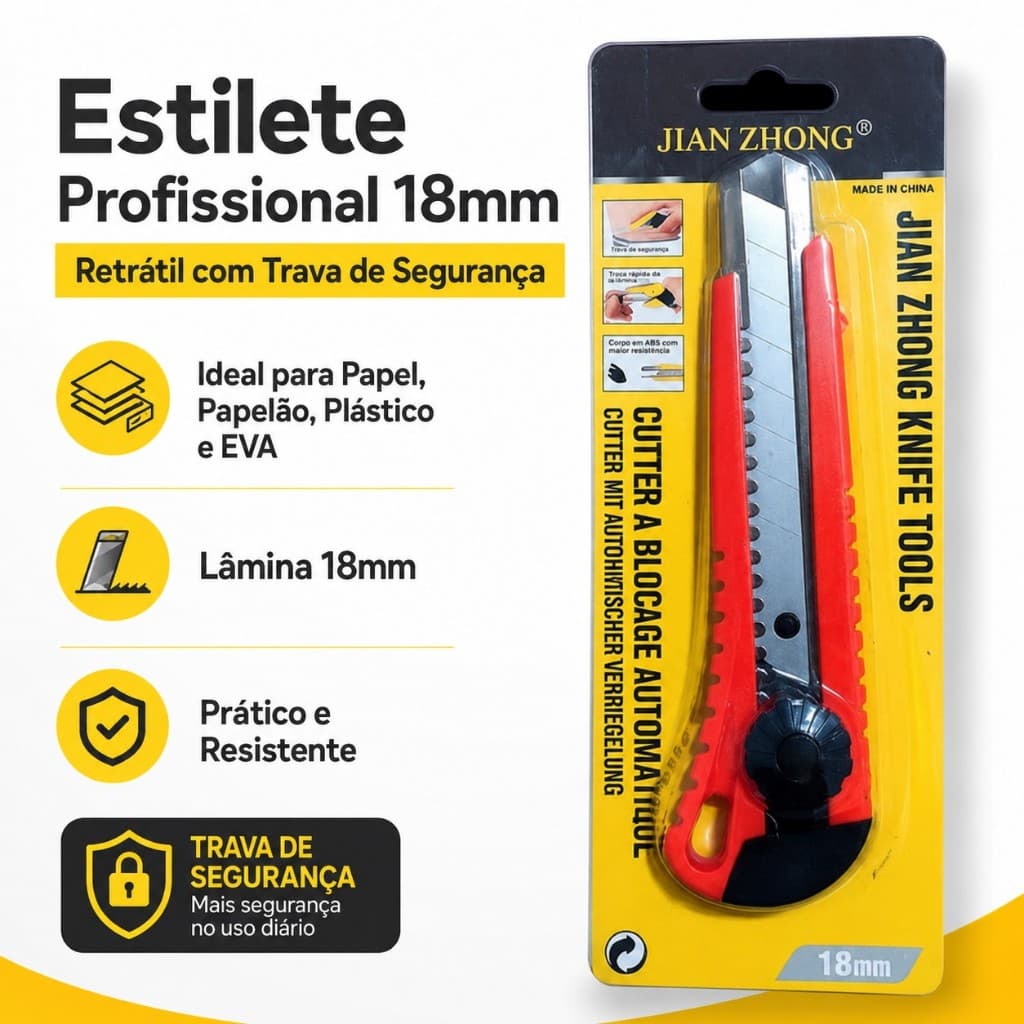 Estilete Profissional 18mm Retrátil com Trava de Segurança – Papel, Papelão, Plástico e EVA