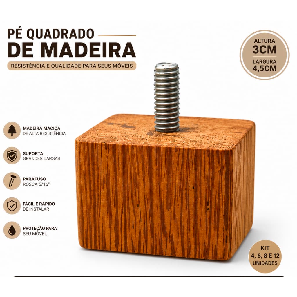 Pé Baixo Para Cama Box Sofá Móveis Madeira Maciça 3cm Rosca 5/16 Alta Resistência