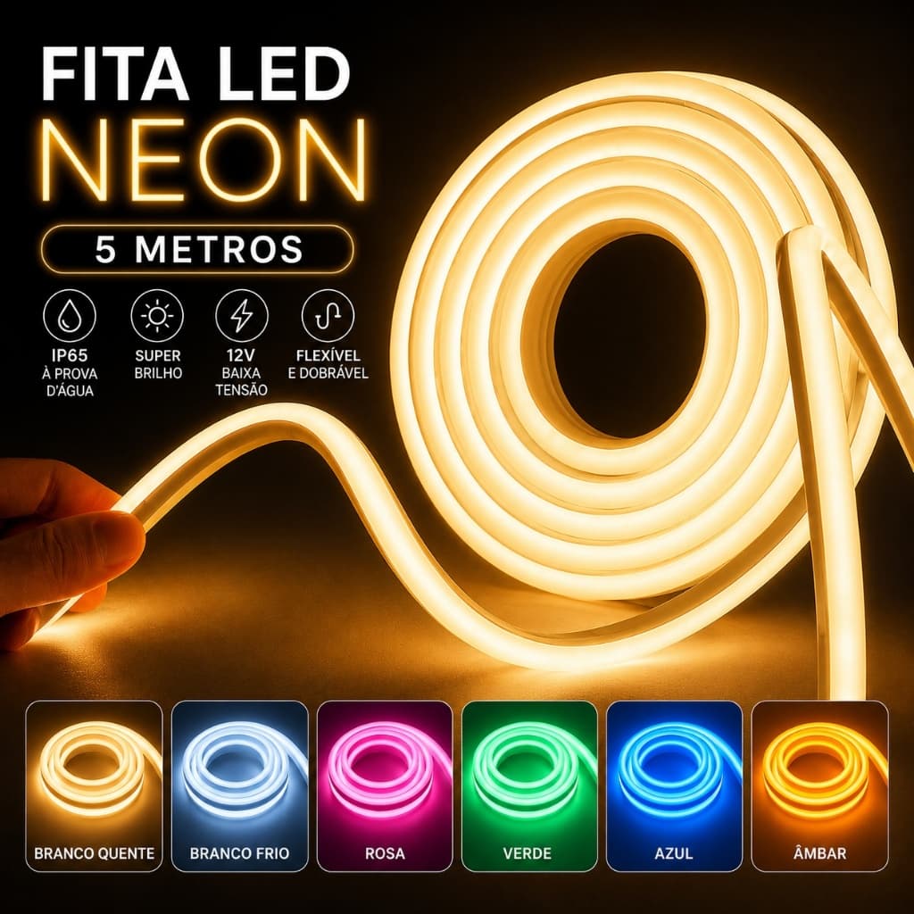 Fita LED Neon 5m IP65 12V Super Brilho Decoração Quarto Gamer Luz Ambiente Flexível