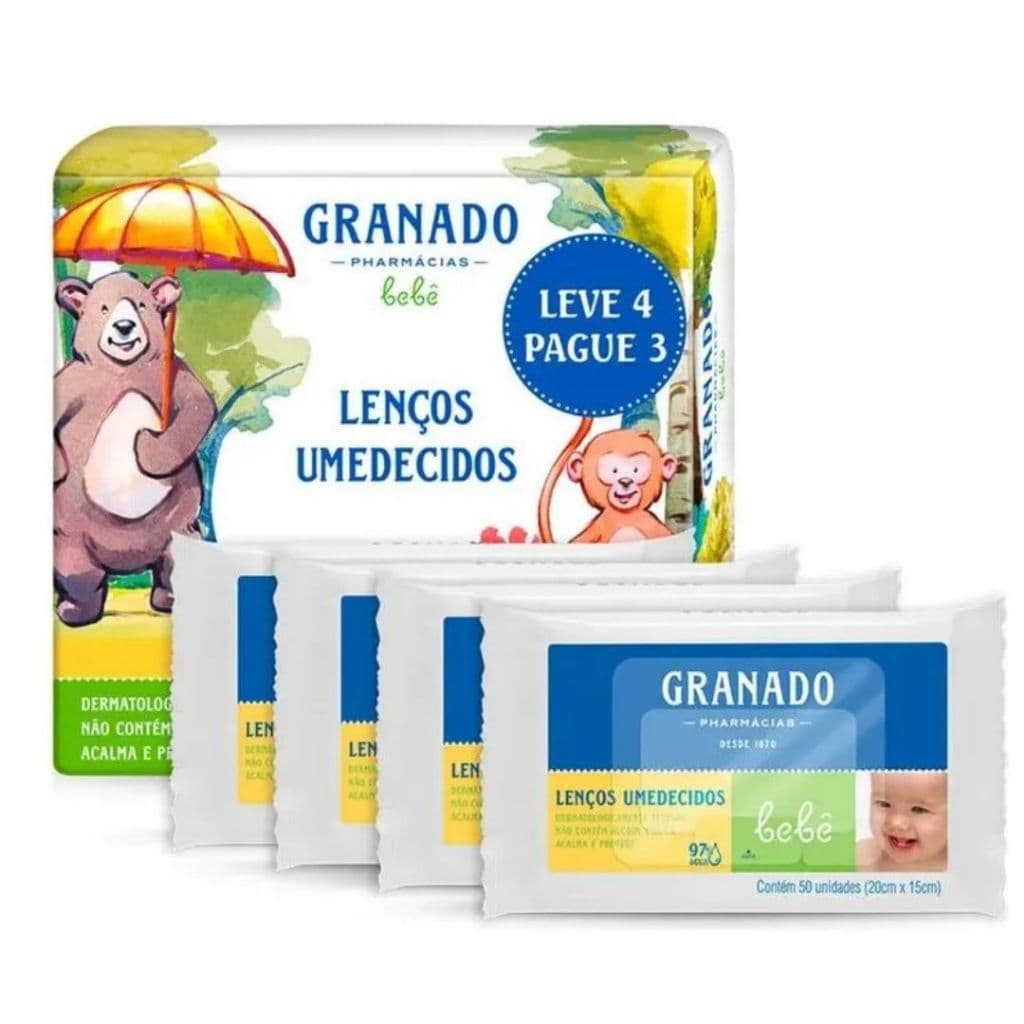 Kit 4 pacotes Lenços Umedecidos Granado Bebê Baby Hipoalergênico 200unidades