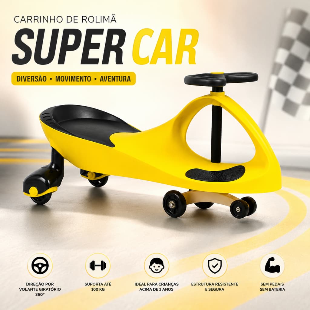 Carrinho de Rolimã Infantil Super Car suporta até 100kg - Amarela