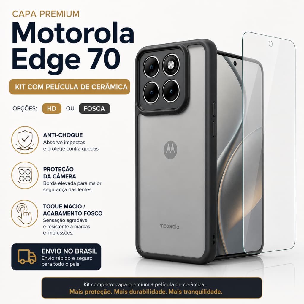 Kit Capa capinha translucida preto Premium motorola edge 70 com Película Cerâmica HD/Fosca