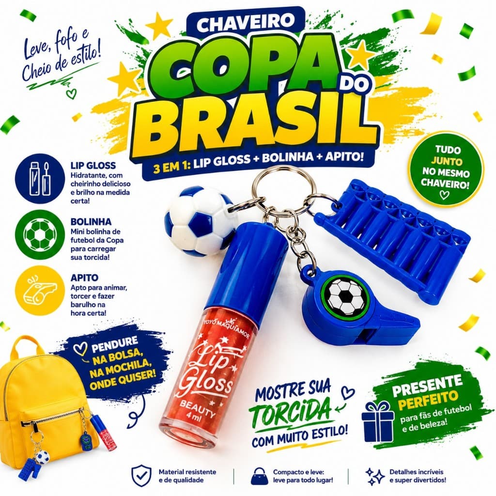 Lip Gloss Chaveiro da Copa do mundo Super Fofo + Brinde Bola e Apito /Tendência 2026