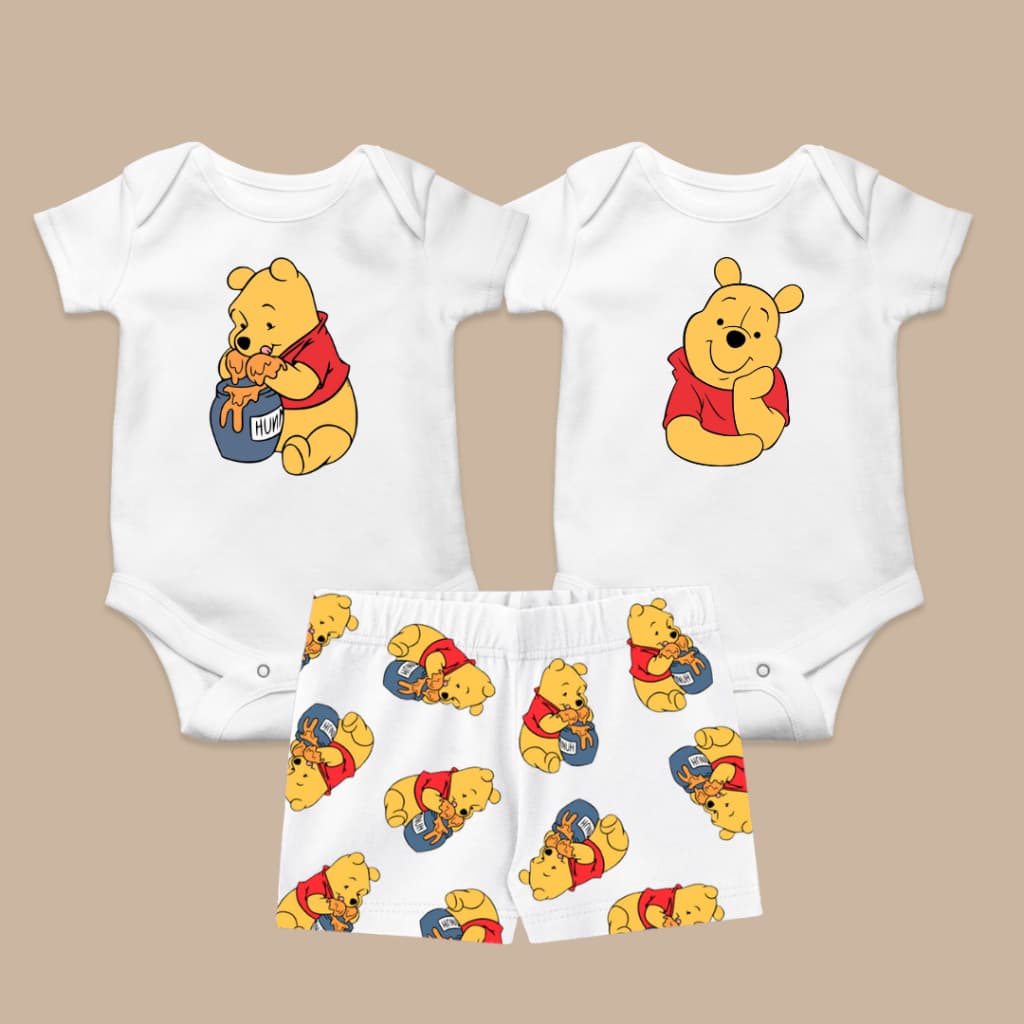 Conjunto 3 peças Verão Pijama bebê infantil tema Ursinho Pooh
