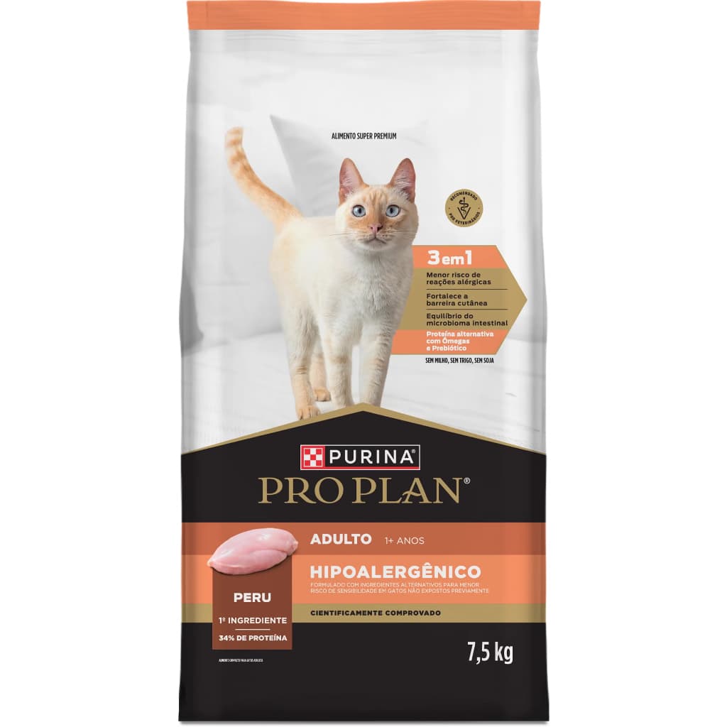 Pro Plan Ração Hipoalergênico Gato Adulto Sabor Peru - 7,5kg