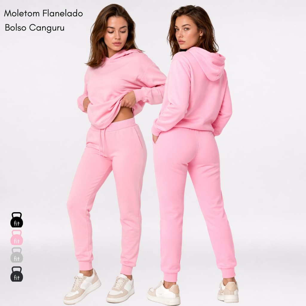 Conjunto de Moletom Feminino, Com Capuz, Com Bolso Canguru, Flanelado
