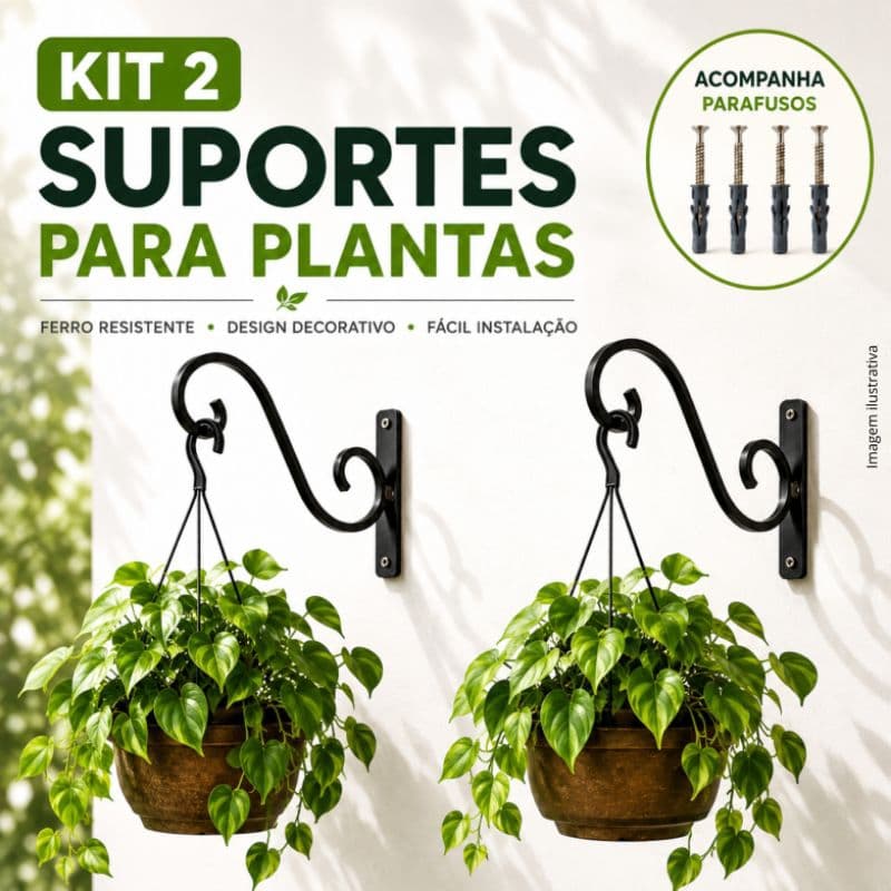 Kit 2 Suportes para Plantas em Ferro | Gancho de Parede | Com Parafuso e Bucha | Resistente