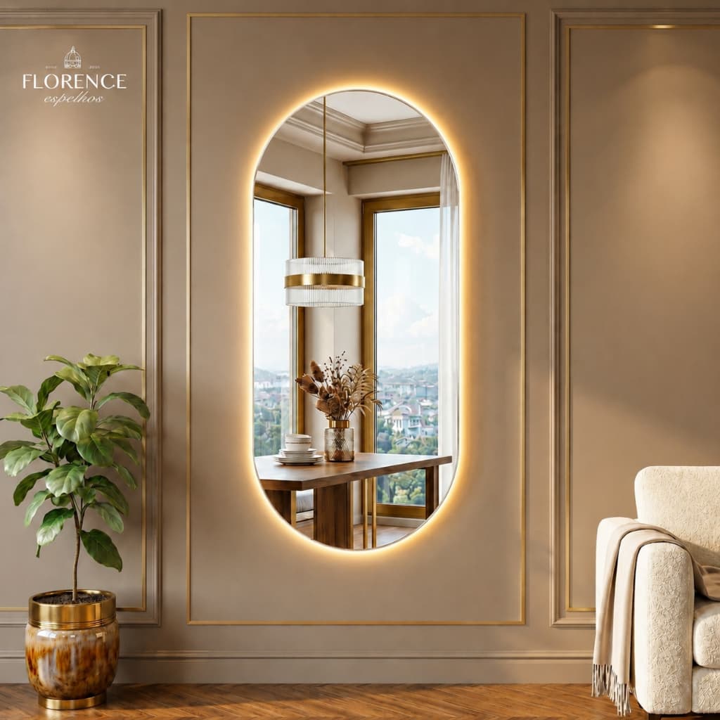 Espelho Oval 120x50 Luxo Com Led / Moldura Couro Premium Grande