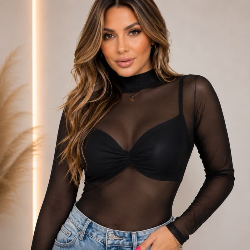 Blusa Tule Feminina Transparente Manga Longa Gola Alta Segunda Pele Poliéster Moda Blogueira Preto