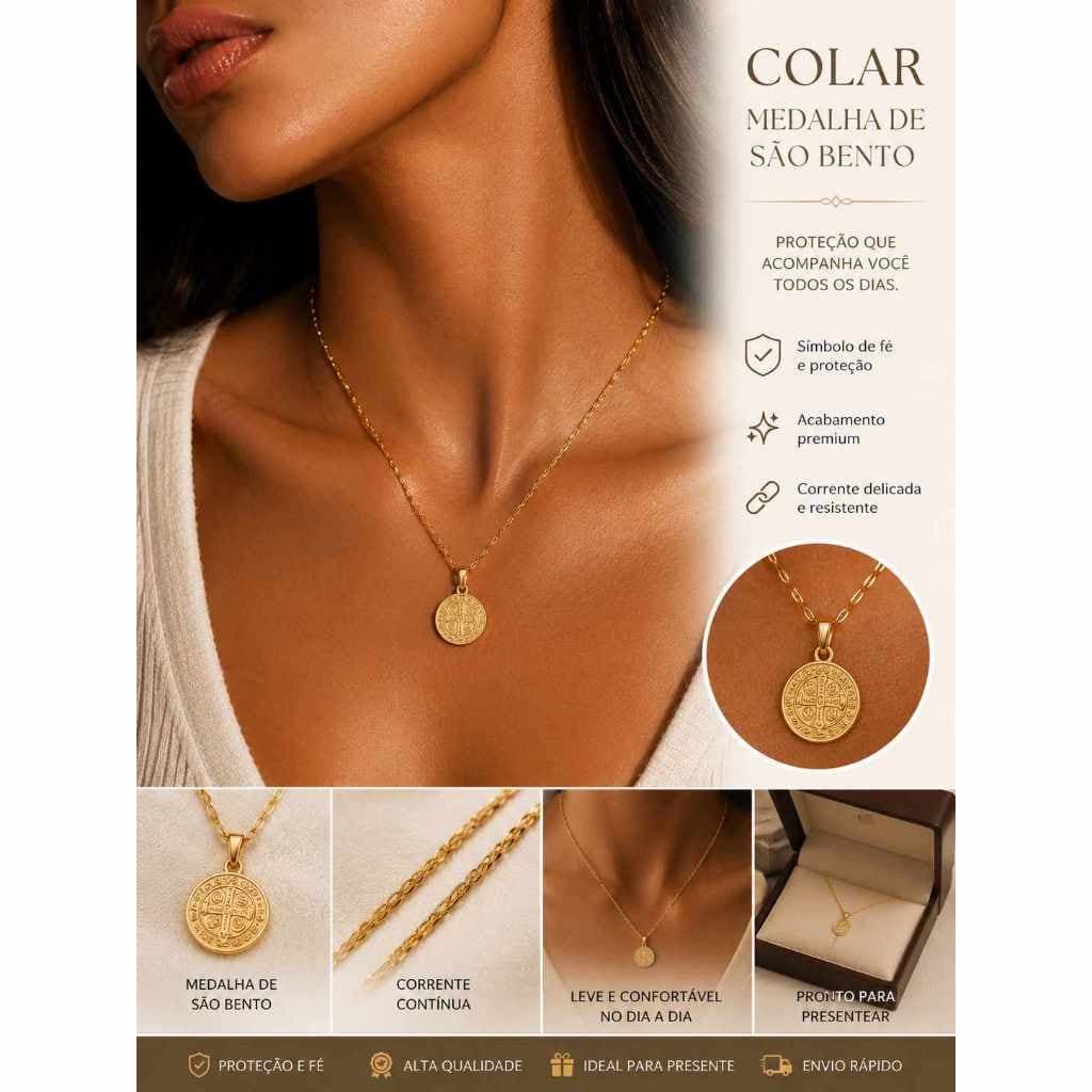 Colar Medalha  São Bento delicado Banhado a Ouro