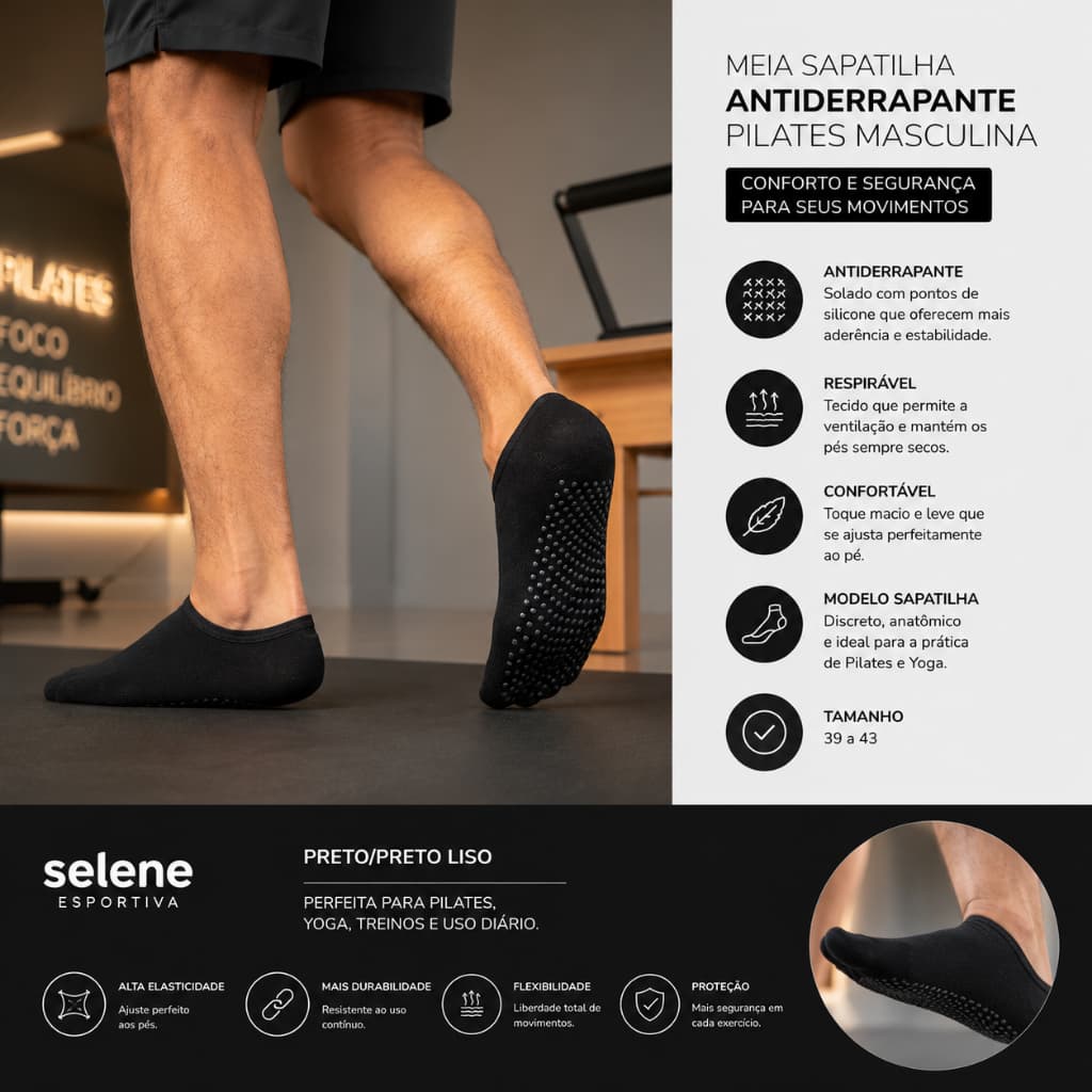 Meia Masculina Selene Pilates  Antiderrapante Performance Conforto Yoga Academia Treino Fitness