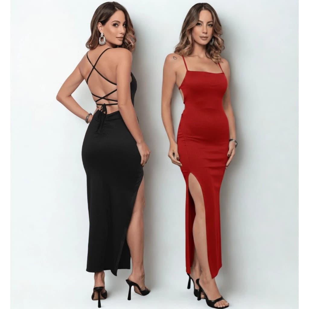 Vestido Longo Feminino Anarruga Premium com Fenda e Amarração nas Costas