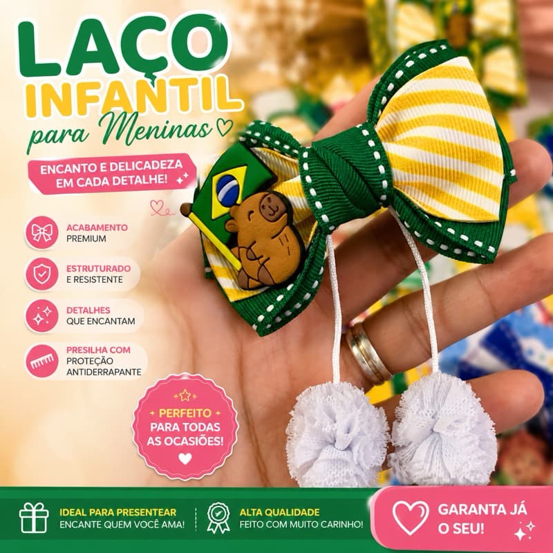 Laço Infantil Verde e Amarelo da Copa do Mundo para Menina Laço com PomPom Capivara Torcedora Brasil Festa Junina