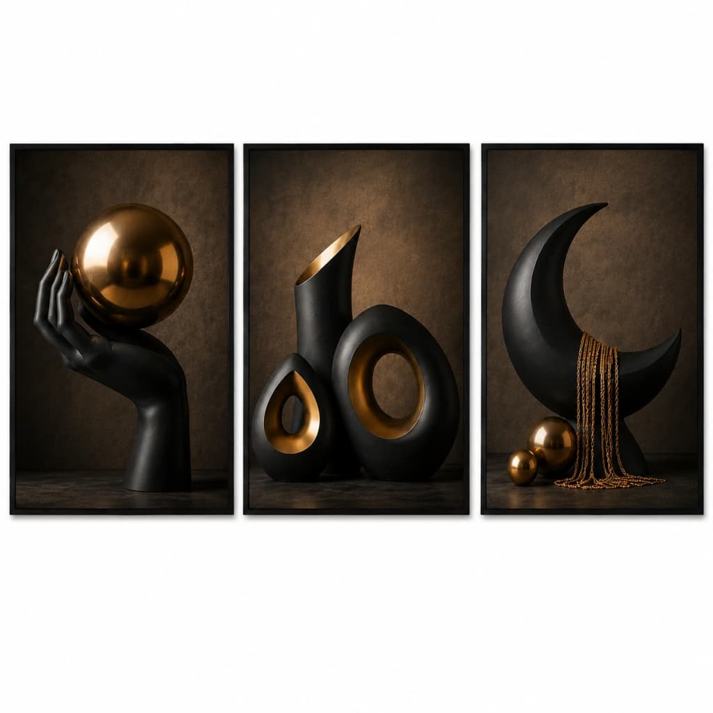 Kit Quadro Decorativo 3 Peças Abstrato Elegante Moderno Preto Dourado Sala Luxo Lua Gold Exclusivo