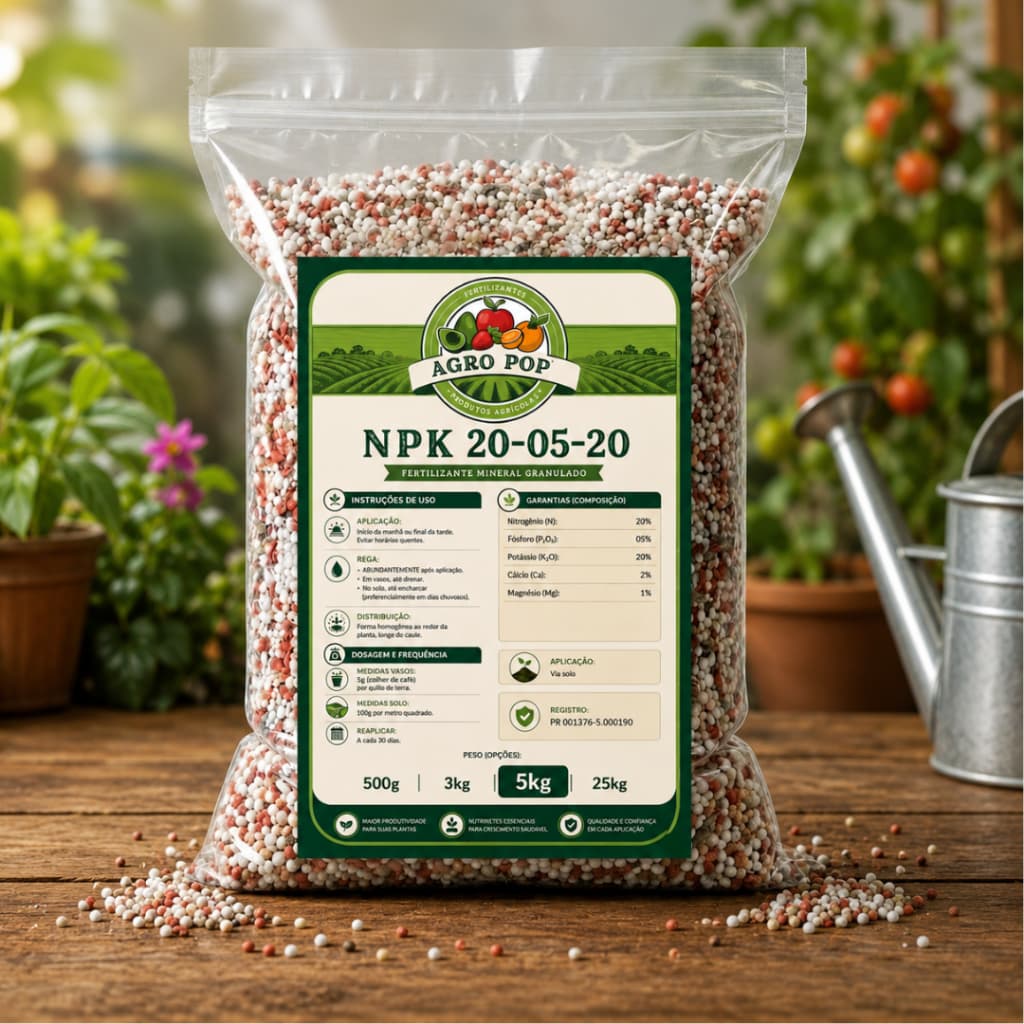 NPK 20-5-20 Fertilizante Granulado para Plantas 5kg - Crescimento e Floração