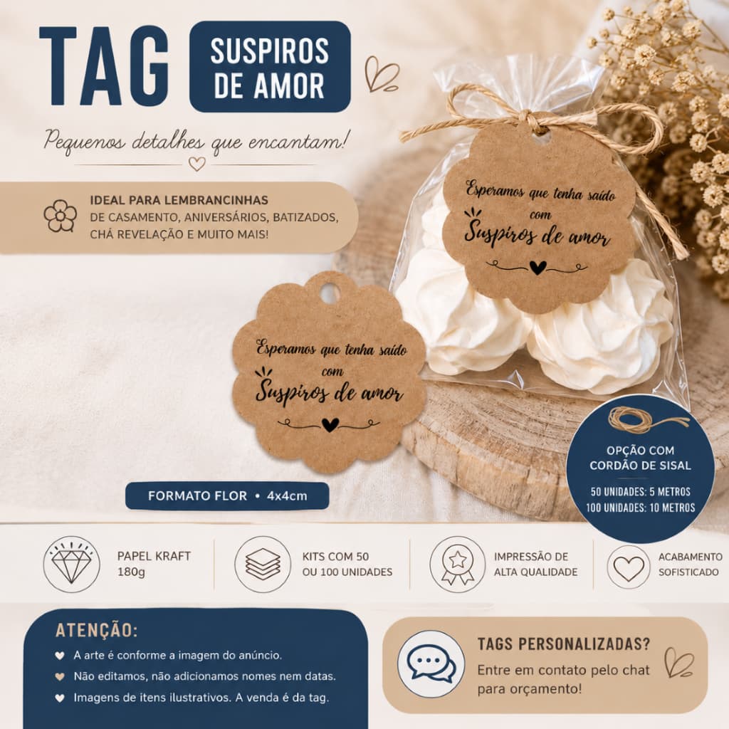 Tag para Lembrancinhas Suspiros de Amor - Design Único em Papel Kraft 180g