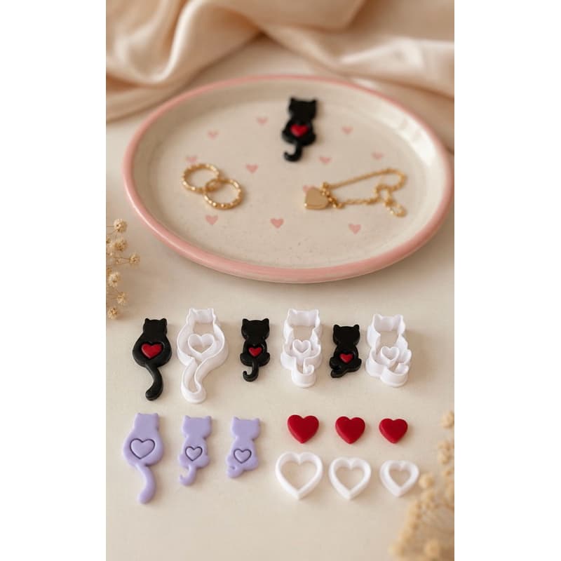 Kit Cortador Gatinho com Coração | Cortadores para Argila Cerâmica Biscuit Confeitaria | Molde Gato Amor Artesanato