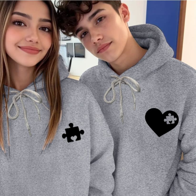 Conjunto Kit Casal Casacos Moletom Love Quebra Cabeça Ajustável Bolsos Quentinho Y2k