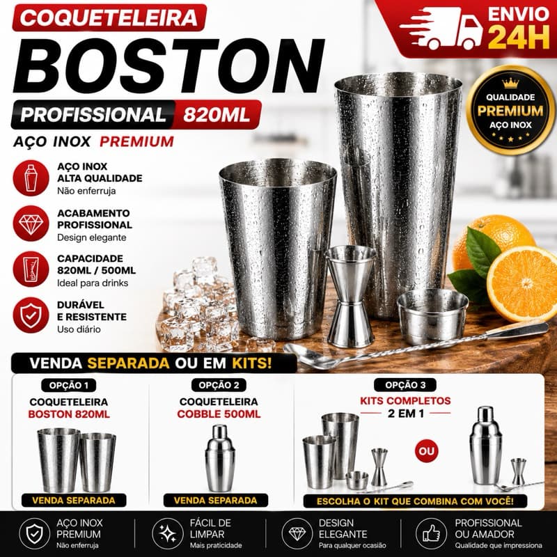 Coqueteleira Boston Inox 820ml ou Coqueteleira Cobbler 500ml - Inox Profissional Shakeira Inoxidável