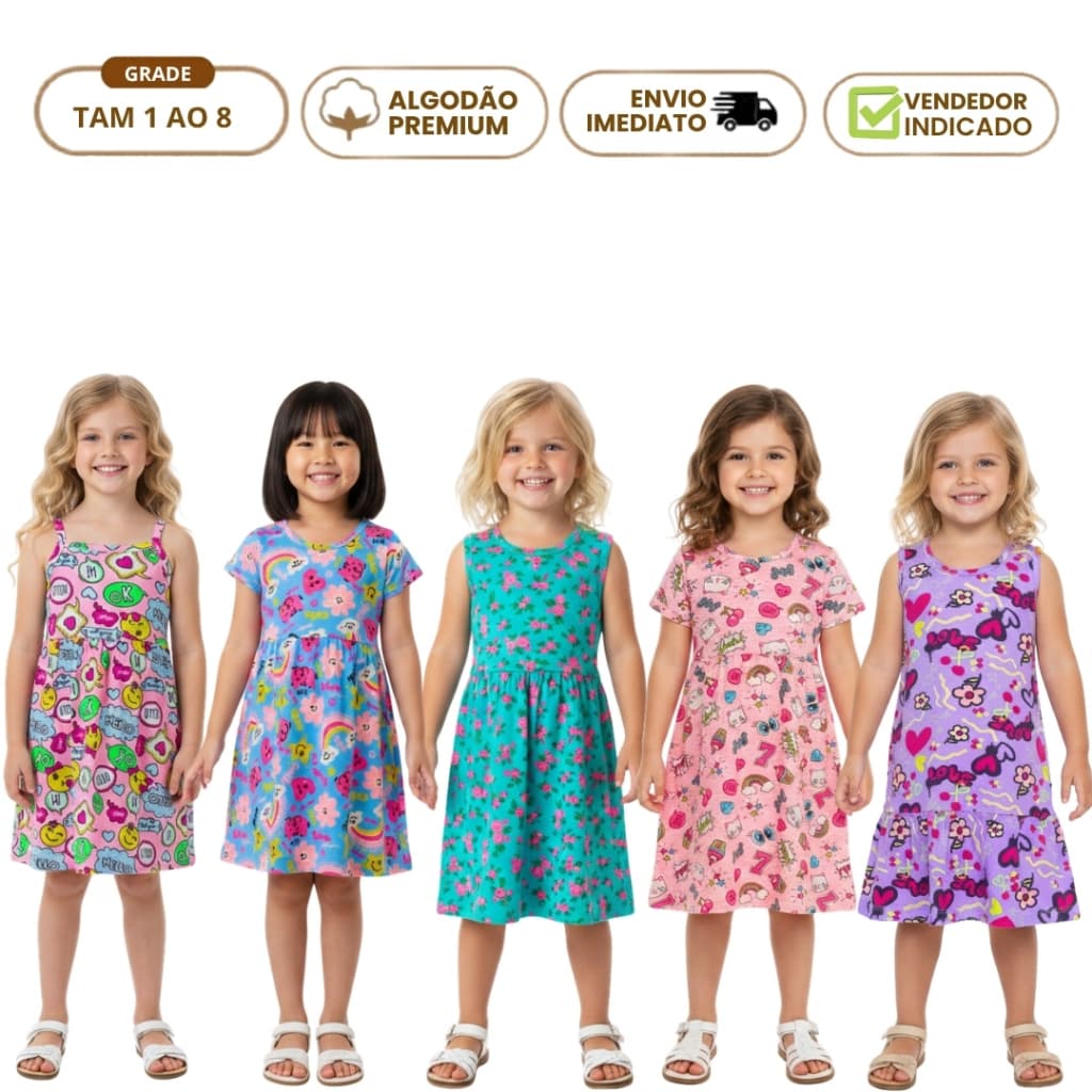Kit 5 Vestidos Infantil Verão Algodão Estampado Atacado Roupa Menina Oferta 1 ao 8 anos