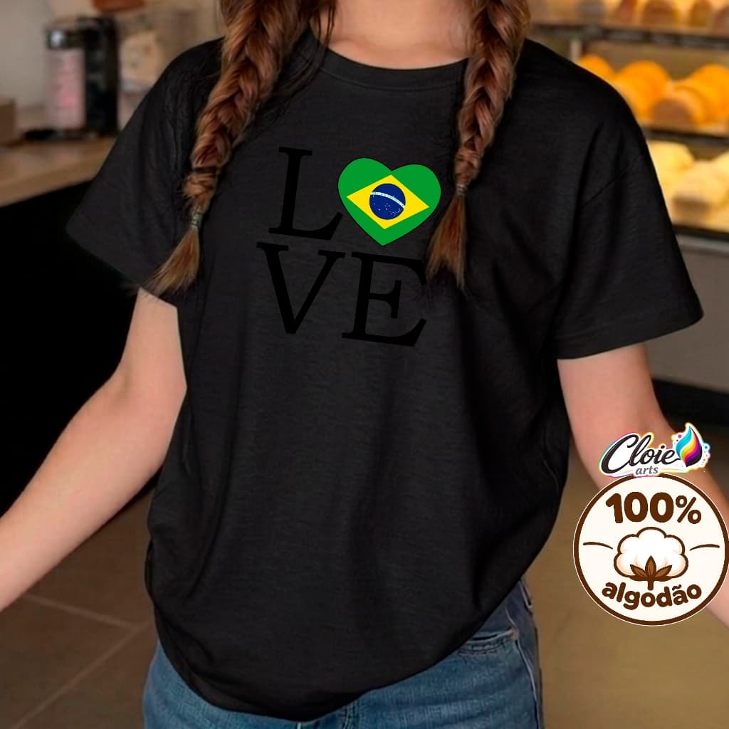 Camiseta Infantil 100% Algodão Love Coração Dia a dia Escola Passeios Jogos da seleção Copa Trend T-shirt Crianças Leve.