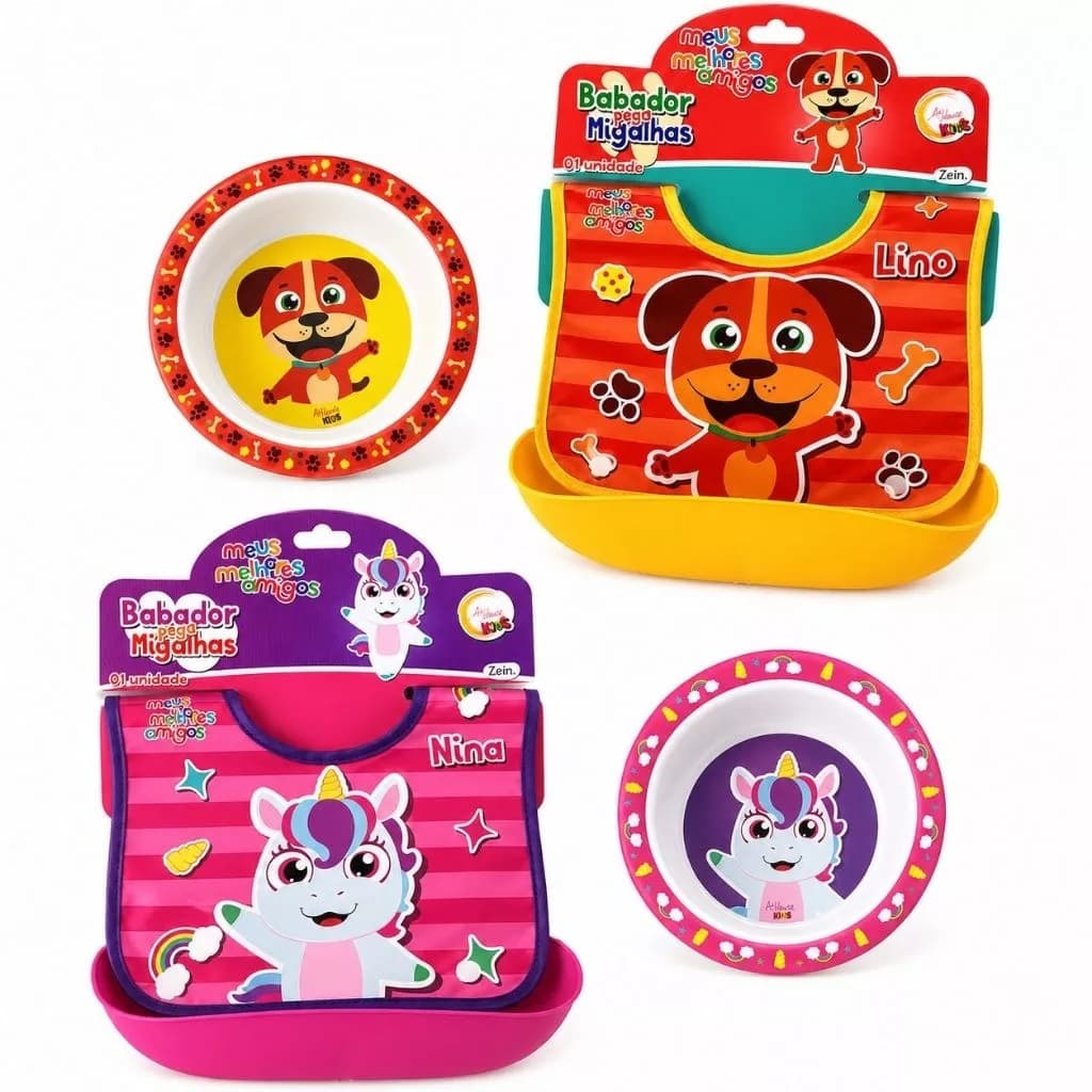 Prato Infantil BPA Free Silicone Lavável com Babador Pega Migalhas - Kit Refeição Infantil Completo para Bebê