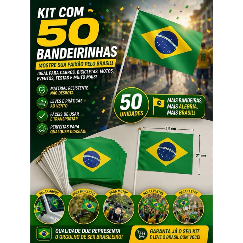Kit Com 50 Bandeirinhas Do Brasil De Tecido Co  Haste | 14x21cm | 50 Unidades | Lembrancinhas Copa Do Mundo, Seleção