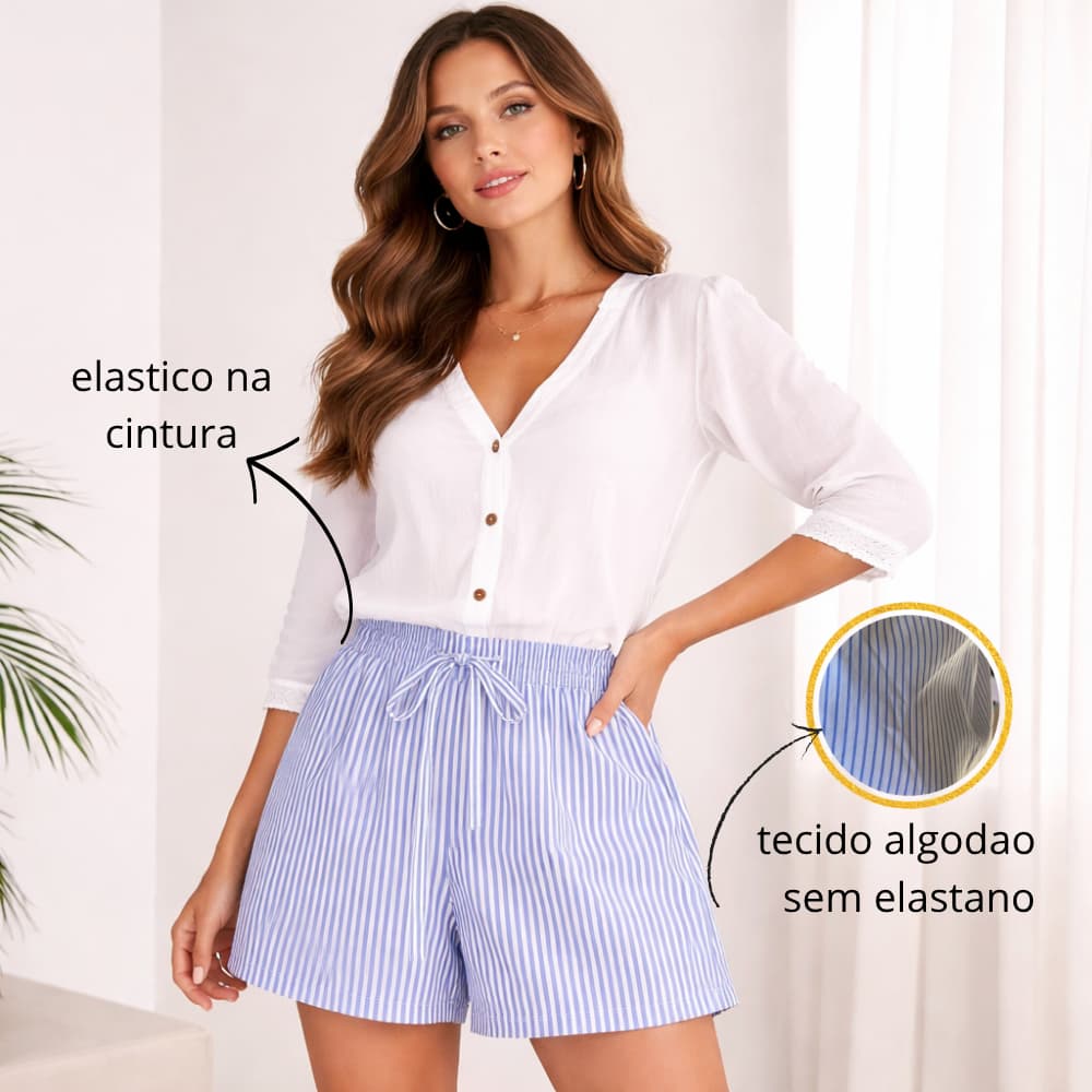 shorts feminino de algodao  listras azul com branco casual otiomo para verao