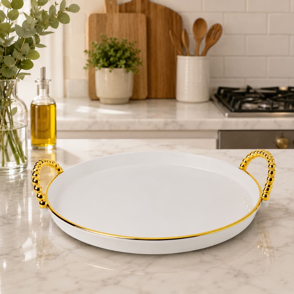 Bandeja Luxo Redonda com Alças e Borda Dourada Decorativa Multiuso Premium Café/Mesa Posta