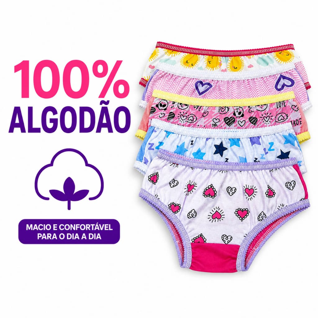 Kit de 10 ,12 ou 20 Calcinha infantil para meninas 100% algodão em diversas estampas com forro