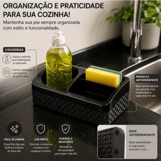 Suporte Porta Detergente e Esponja com Base Antiderrapante  Design Rattan Premium -Arqplast