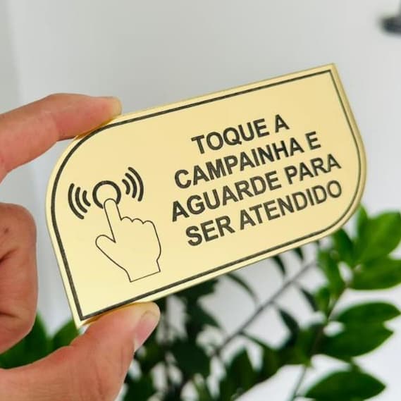 Placa de Sinalização "Toque a Campainha" em Acrílico Espelhado 16x8cm