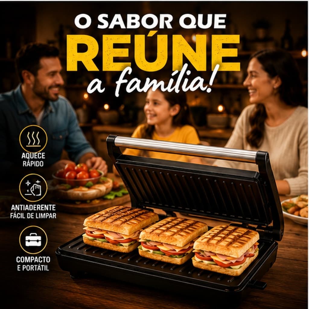 Mini Grill Grelha Sanduicheira Inox 750w Antiderrapante Alça Led Indicador Fritos Alimentos