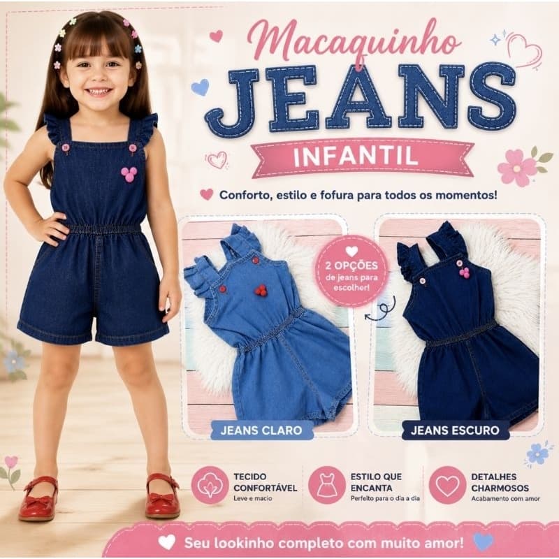 Macacão Jeans Infanti Menina de 2 a 6 Anos