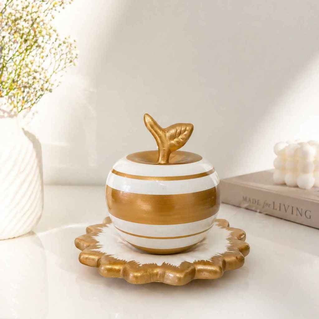 Maçã Decorativa Luxo em Cerâmica Branco e Dourado