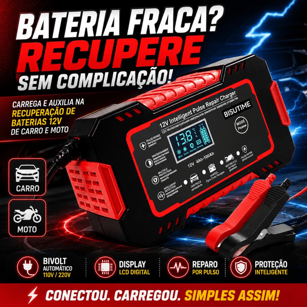 Carregador de Bateria 12V 6A Inteligente Bivolt LCD Reparo por Pulso Carro Moto