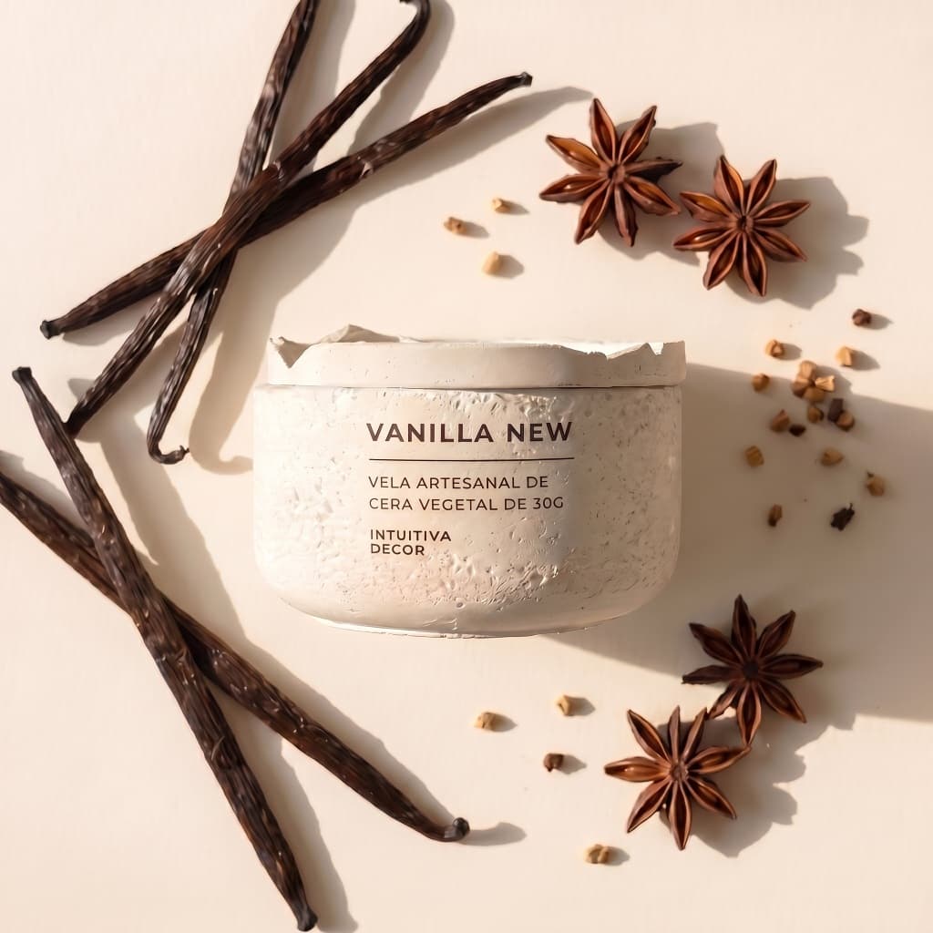 Vela Aromática Vanilla New, 30g, Pote de Concreto Branco, 4-6h de Queima, Intuitiva Decor