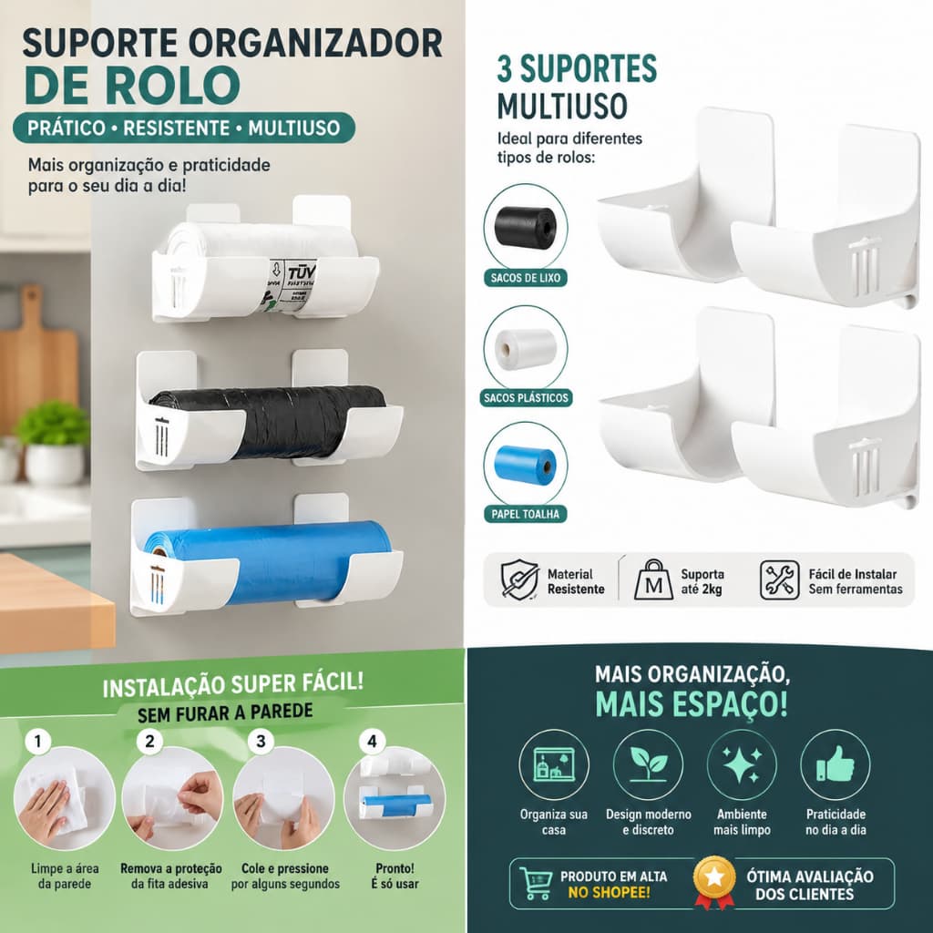 Suporte Organizador Multiuso Adesivo para Cozinha e Armário | Porta Vassoura | Porta Rolo | Sem Furos
