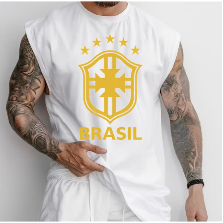 Camiseta Cavada Masculina Camisa Regata Machão Estampada Brasil Lazer Academia Algodão Premium Envio Imediato