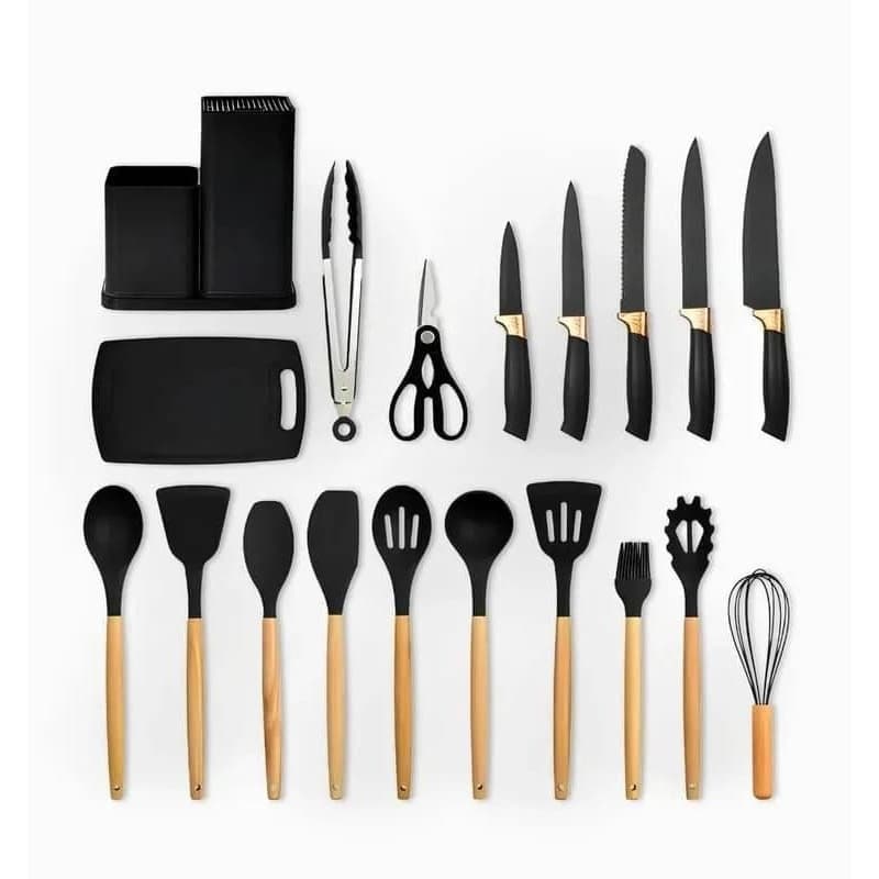 Kit Jogo de Cozinha Premium 19 Peças Utensílios de Silicone Cabo de Madeira e Facas de Inox Profissional Completo