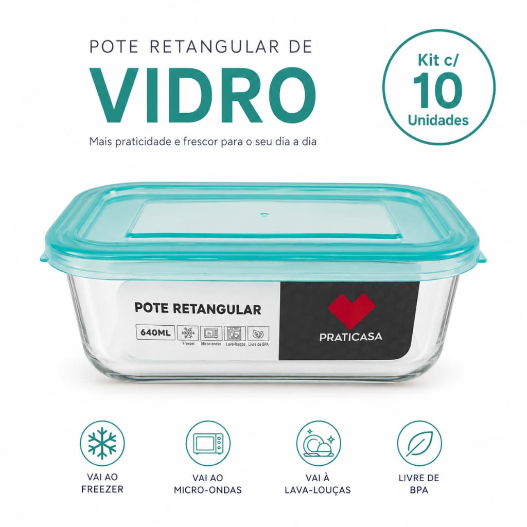 Kit Jogo 10 Potes De Vidro Retangular 640ml Praticasa Freezer Micro-ondas Envio Imediato