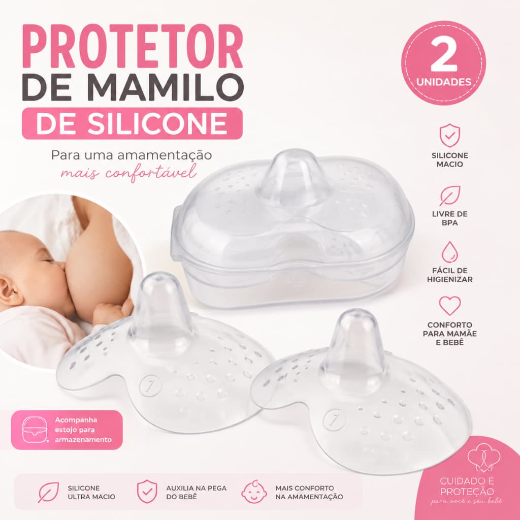 Protetor de Mamilo Silicone Amamentação com Estojo Anti Dor e Fissuras Seios Mamãe Bebê 2 Unidades