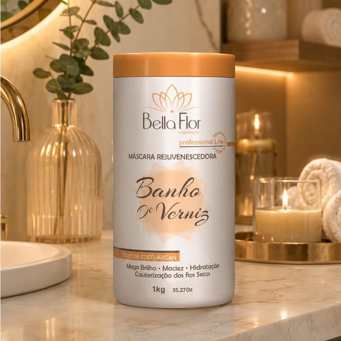 Máscara Capilar Banho de Verniz 1kg Óleo de Coco e Argan Hidratação Brilho Maciez Bella Flor