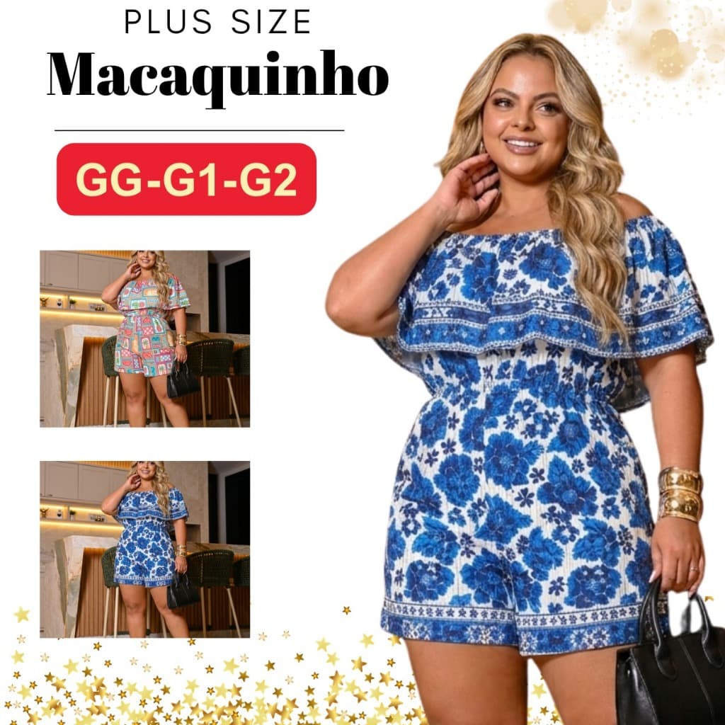 Macaquinho Plus Size Feminino Short  Estampado Boho Grande Soltinho Elegante Verão Novidade Ombro a Ombro