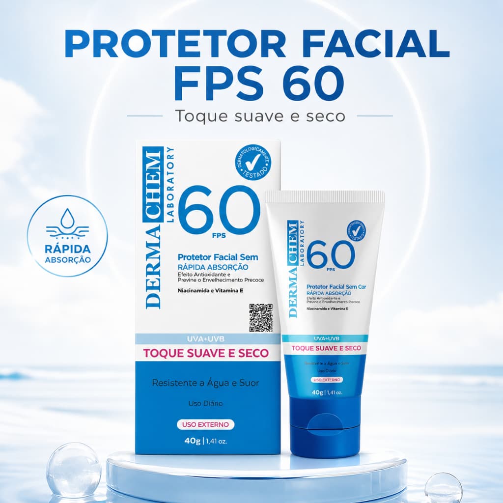 Protetor Solar Facial FPS 60 Dermachem Sem Cor Toque Seco Rápida Absorção 40g