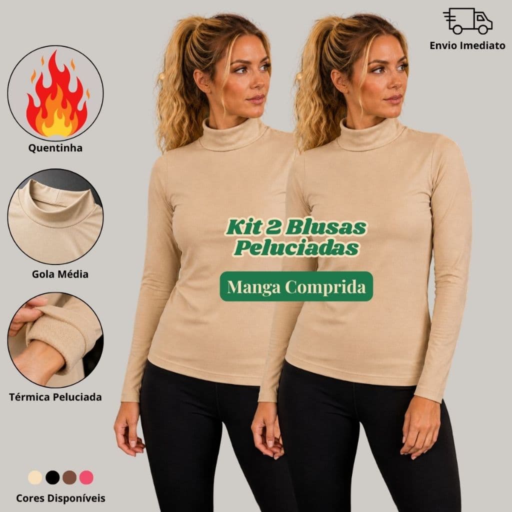 Kit 2 Blusa Térmica Feminina Peluciada Inverno Segunda Pele Suplex Gola Média