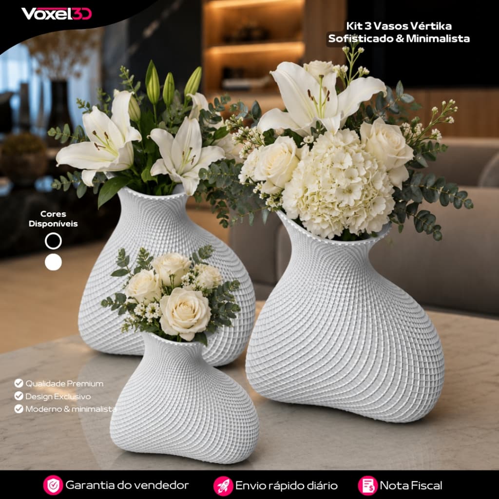 Kit 3 Vasos Vértika Luxo Decorativo Sofisticado Minimalista Moderno Elegante para Sala Quarto e Escritório