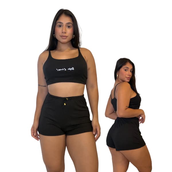 Conjunto Pijama Cropped e Short Feminino Tecido Estilo Canelado Conforto Premium
